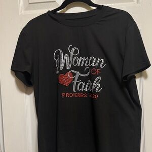 Gildan Black Tee with White and Red Rhinestone 'Woman of Faith' Design